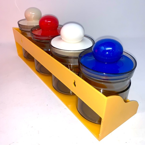 v i n t a g e :: Bright Midcentury 4 Jar Set Shelf Storage Apothecary Kitchen - Picture 12 of 14